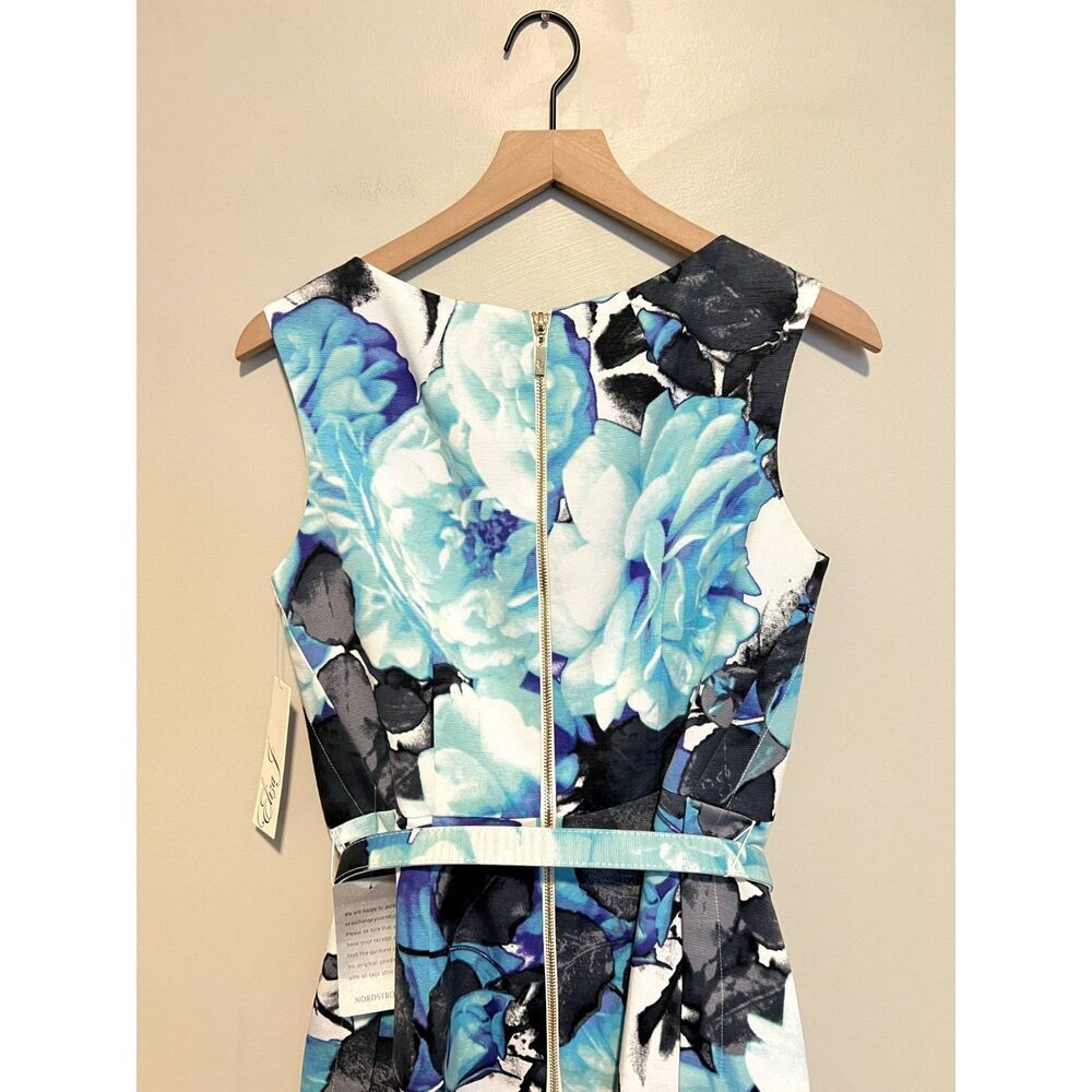 NWT Eliza J Faille Sheath Belted Floral Blue Mini Dress Pockets Women's Size 6 - Picture 6 of 12